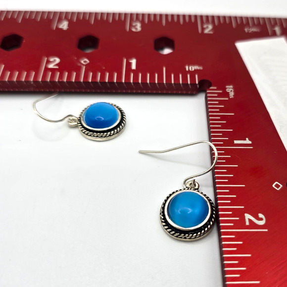 Pierced Earrings Blue Cat’s Eye Cabochon Round Rope Bezel Silver Tone Retro - Picture 7 of 10